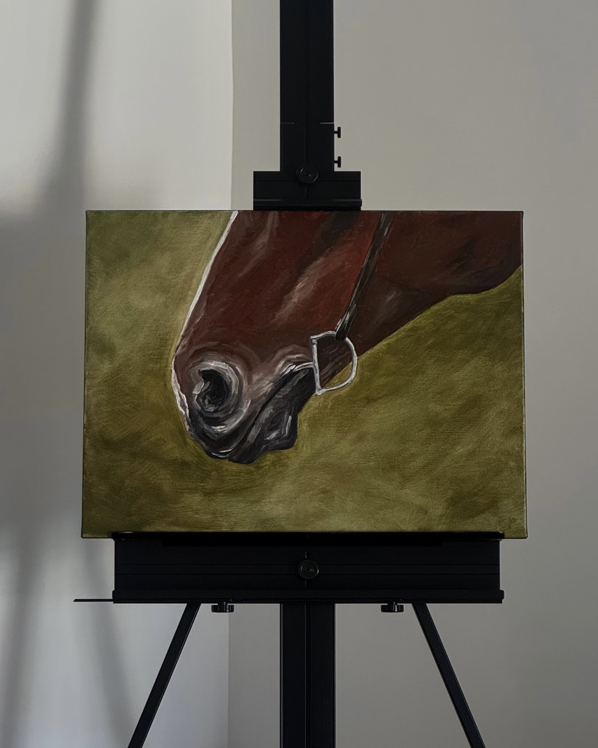 To Perceive original oil on canvas painting of a brown horse's muzzle with a silver bit on an olive-green background
